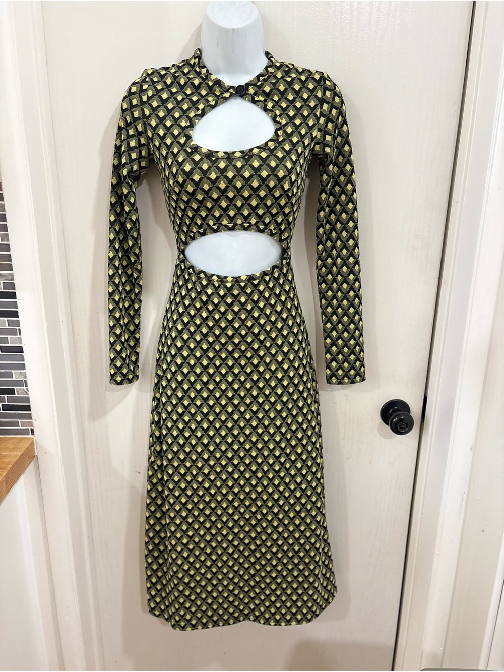 ASOS Yellow and Black Geometric Cutout Long-Sleeve Midi Dress